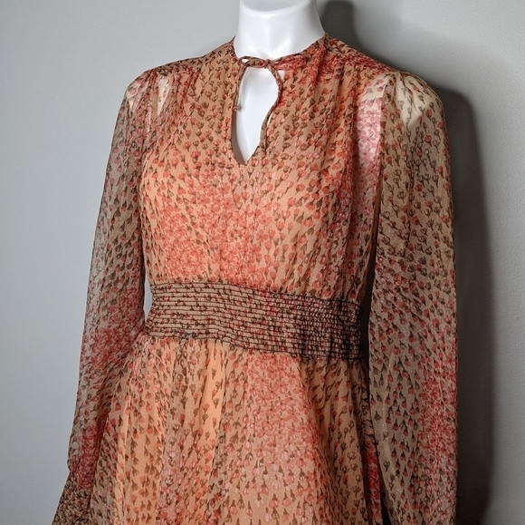 Vintage Liz Roberts peach floral tie neck dress 8 - Picture 3 of 8